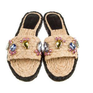 TORY BURCH RAFFIA CRYSTAL EMBELLISHMENTS SLIDES.  Never Worn!
